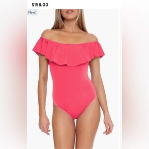NEW Trina Turk Women’s Monaco One Piece Off the Shoulder Coral Swimsuit Size 12